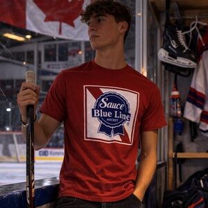 Sauce Blue Line Hockey PBR Style Graphic T-Shirt Red Medium Pabst Blue Ribbon